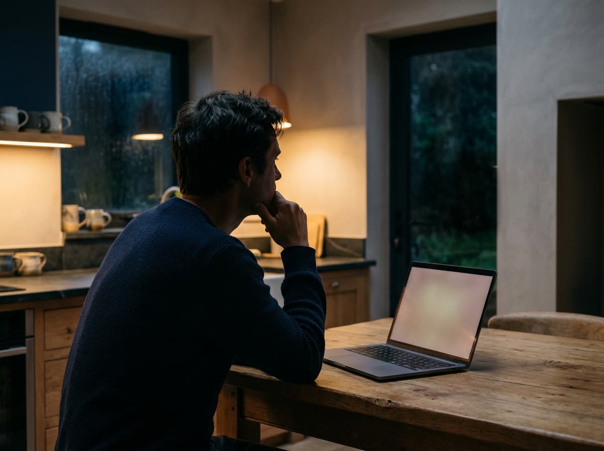 A person at a kitchen table at night, face turned away, beside a glowing laptop.