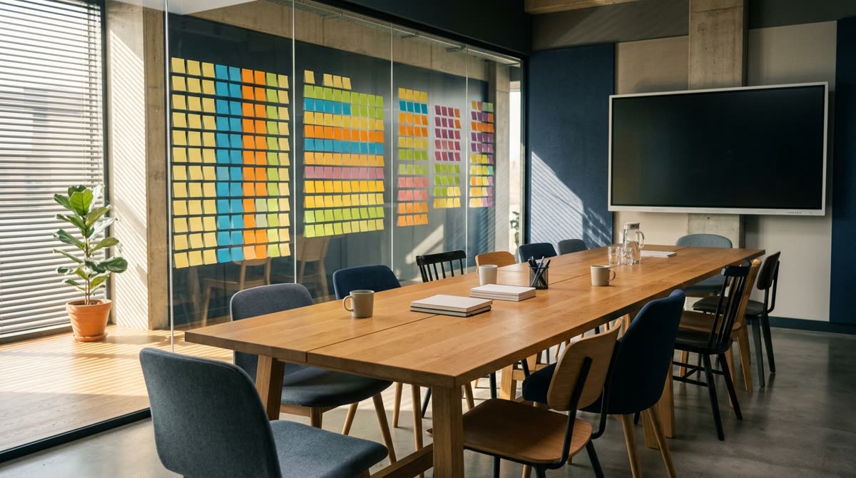 Empty agency meeting room with a long table and a glass wall of blank sticky notes.