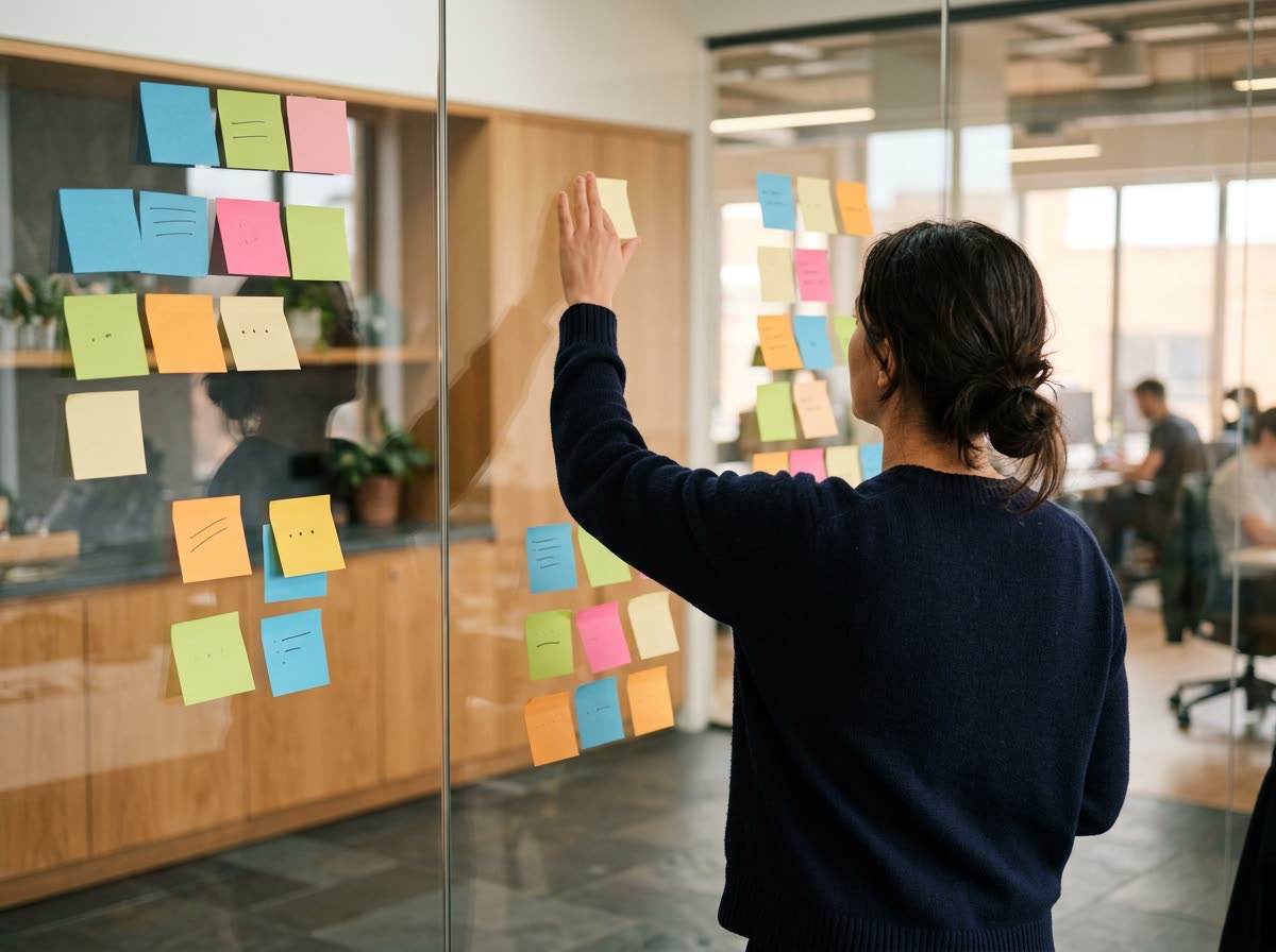 Person seen from behind placing a blank sticky note on a glass planning wall.